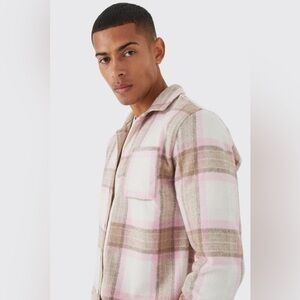 Boohoo Men's Pink and Brown Plaid Shirt Jacket